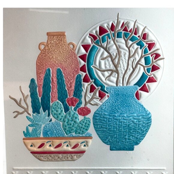 Vtg Signed Jane Billman Southwestern Pottery Cactus Embossed Art Print Oak Frame - Picture 2 of 8